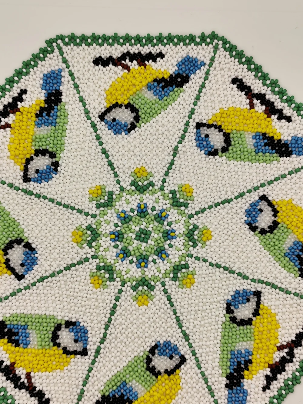 Handmade Beaded Bird Doily in Yellow, Green & Blue